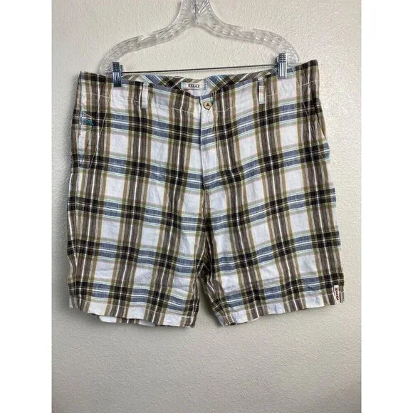 Tommy Bahama Linen Relax Mens Shorts Size 38 Plaid Chino Vacation Brown beach - Picture 1 of 14